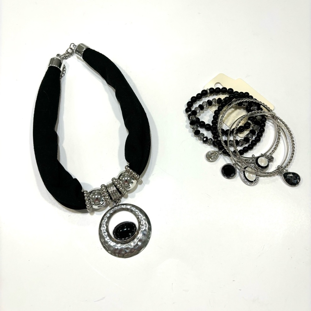 Scarf Necklace with Pendant and New Bracelet Set Black Silver Boho Festival